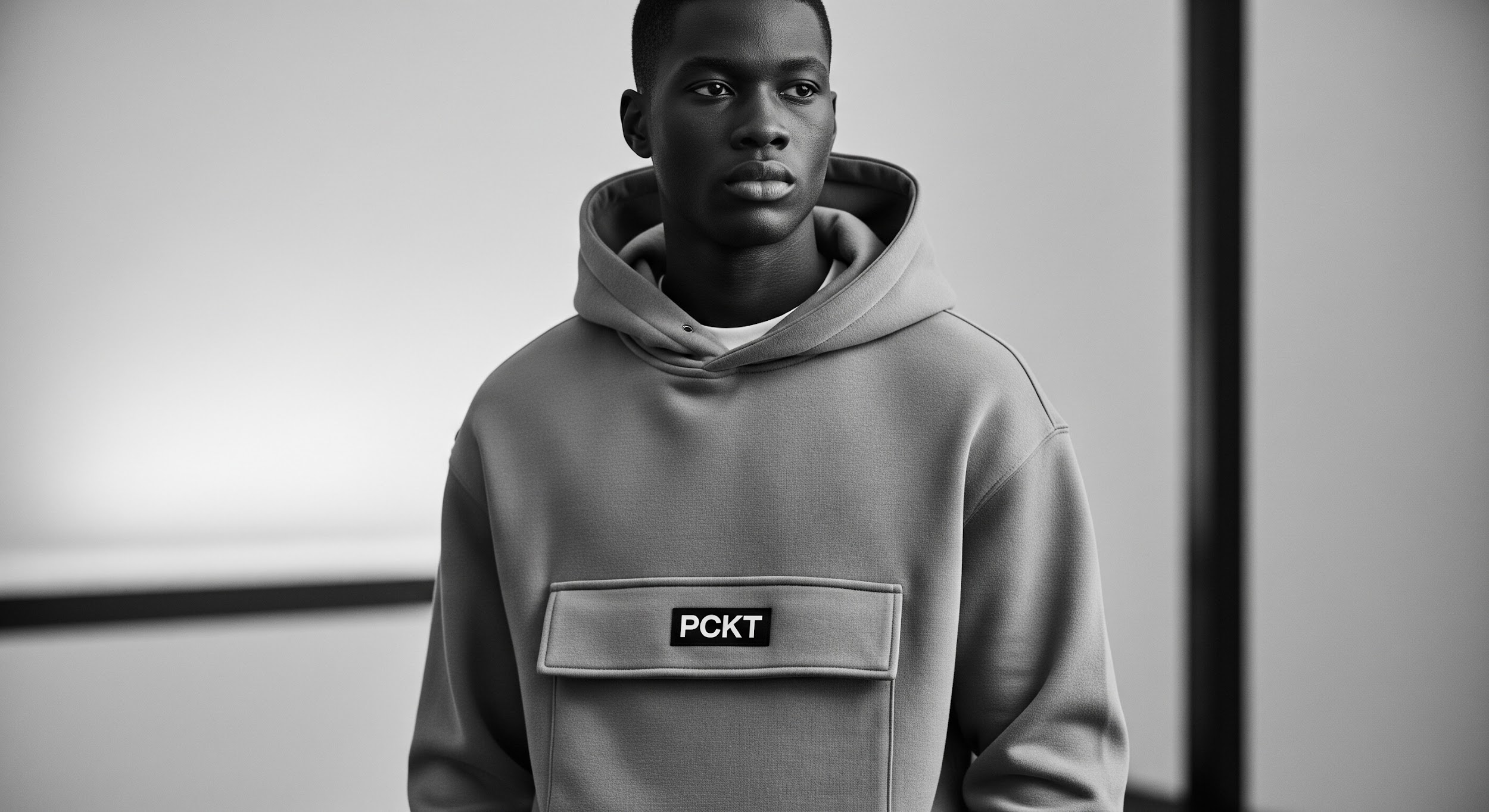 Ginsters PCKT black-and-white hoodie concept visual