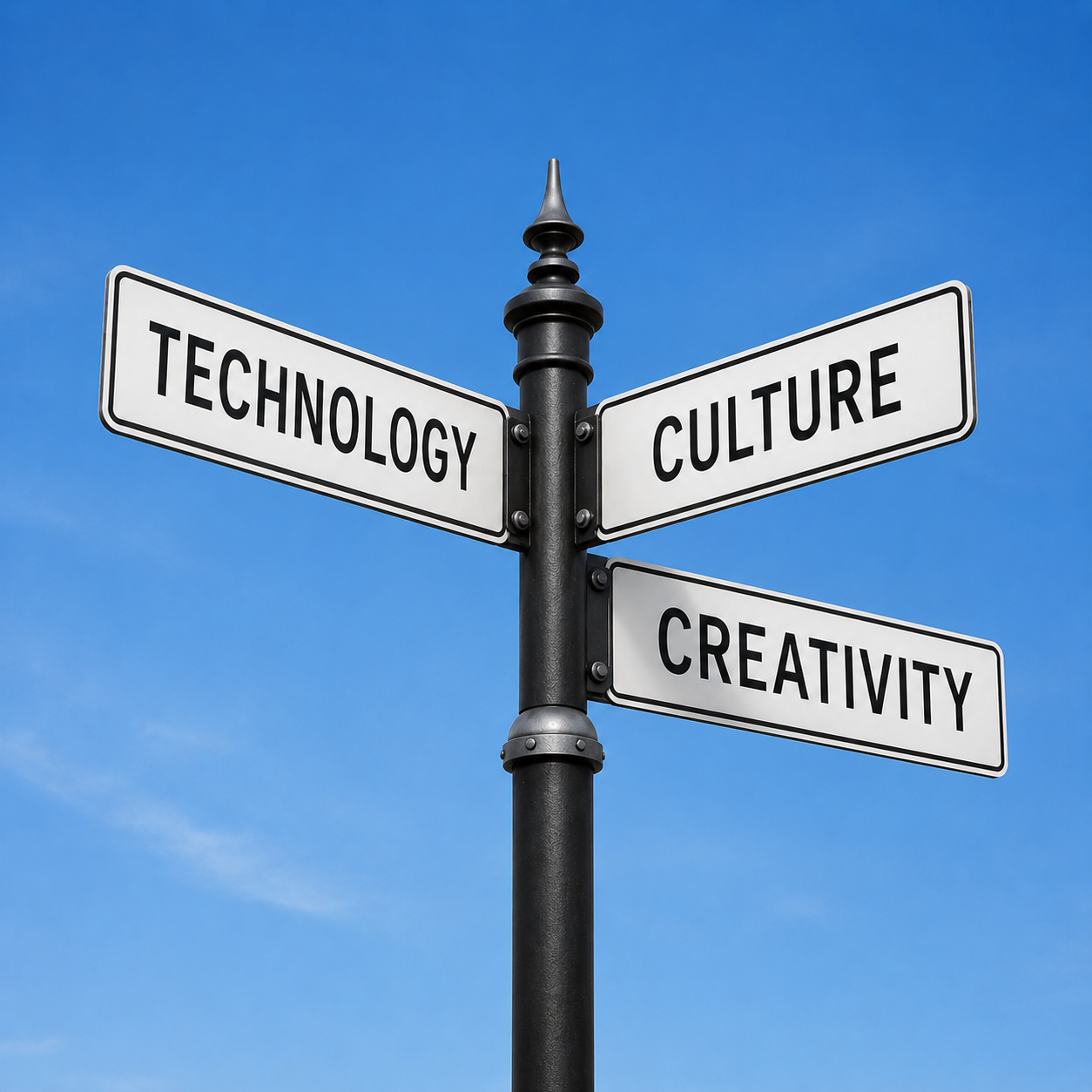 Street signs pointing to technology, culture and creativity